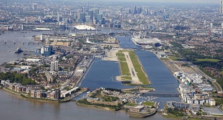 View of approach runway 27 London City Airport